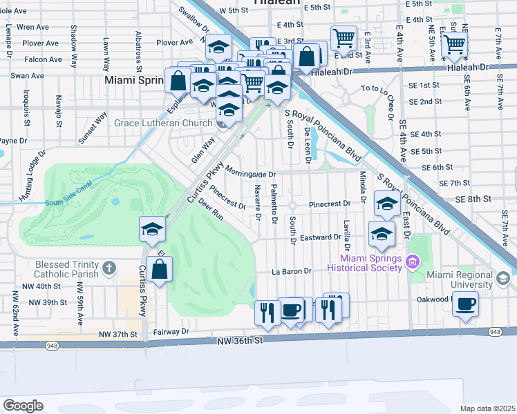 map of restaurants, bars, coffee shops, grocery stores, and more near Pinecrest Drive in Miami