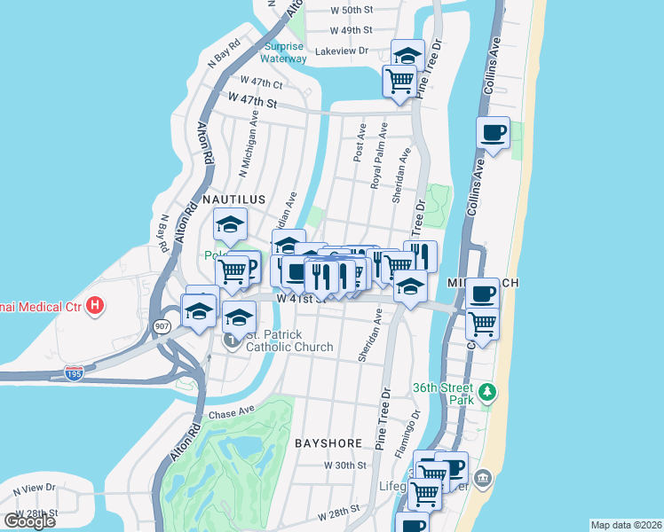 map of restaurants, bars, coffee shops, grocery stores, and more near 4100 Prairie Avenue in Miami Beach