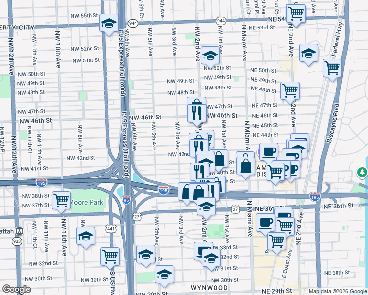 map of restaurants, bars, coffee shops, grocery stores, and more near 243 Northwest 42nd Street in Miami