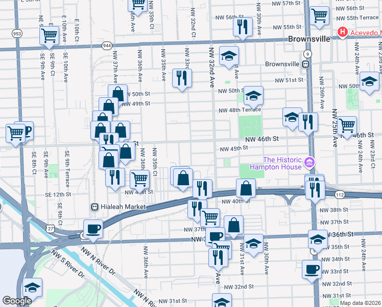 map of restaurants, bars, coffee shops, grocery stores, and more near 3270 Northwest 45th Street in Miami