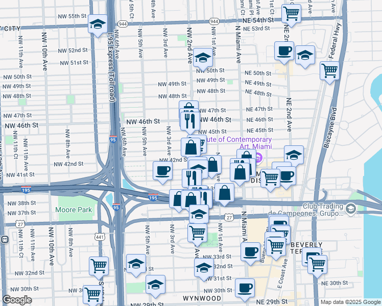 map of restaurants, bars, coffee shops, grocery stores, and more near 243 Northwest 42nd Street in Miami