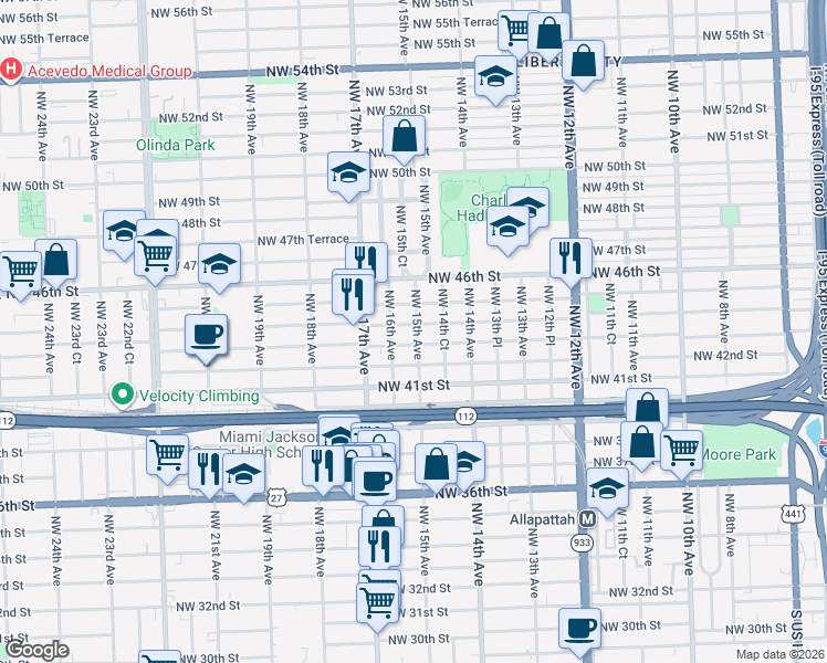 map of restaurants, bars, coffee shops, grocery stores, and more near 1545 Northwest 43rd Street in Miami