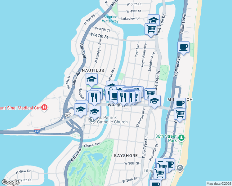 map of restaurants, bars, coffee shops, grocery stores, and more near 4144 Chase Avenue in Miami Beach