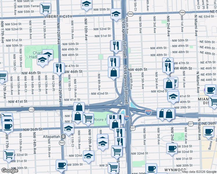 map of restaurants, bars, coffee shops, grocery stores, and more near 780 Northwest 43rd Street in Miami