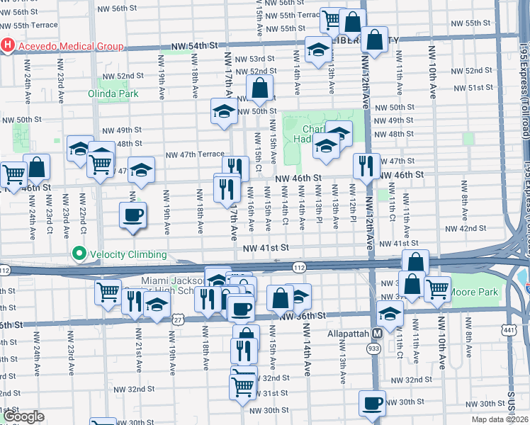 map of restaurants, bars, coffee shops, grocery stores, and more near 1545 Northwest 43rd Street in Miami