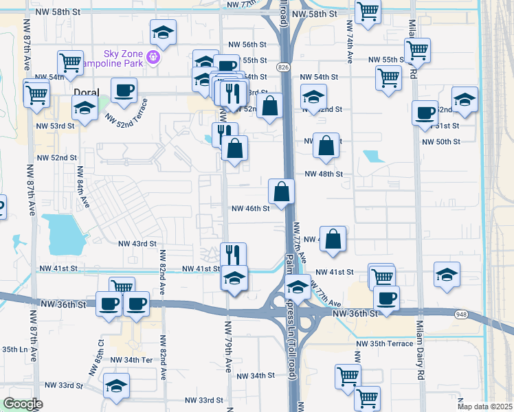 map of restaurants, bars, coffee shops, grocery stores, and more near 7798 Northwest 46th Street in Doral