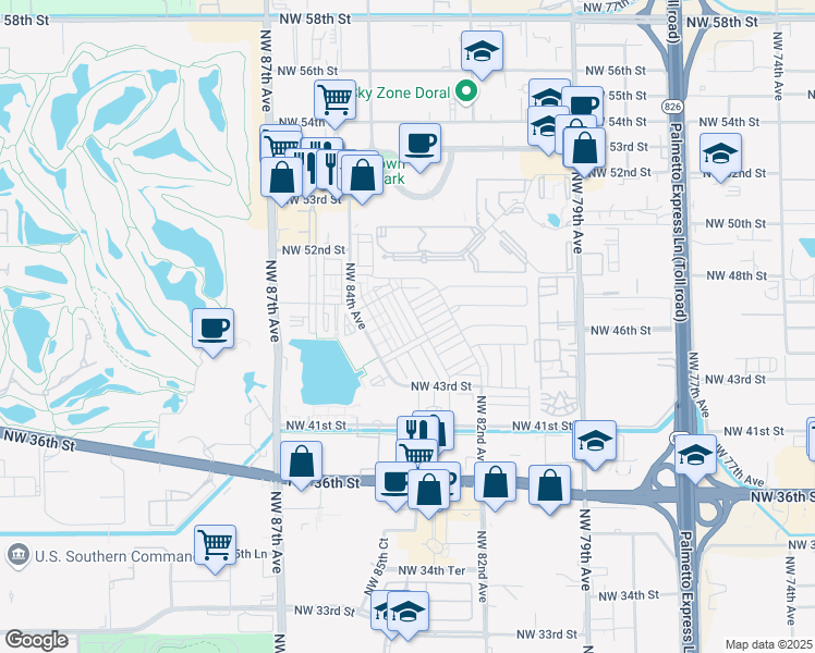 map of restaurants, bars, coffee shops, grocery stores, and more near 4663 Northwest 83rd Path in Doral
