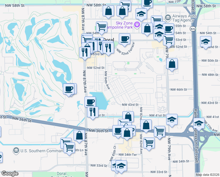 map of restaurants, bars, coffee shops, grocery stores, and more near 4696 Northwest 84th Avenue in Doral