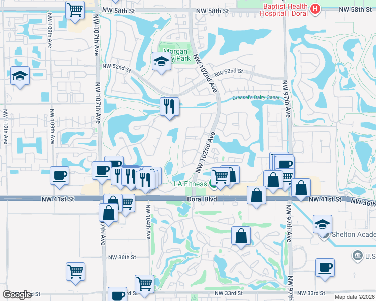 map of restaurants, bars, coffee shops, grocery stores, and more near 10276 Northwest 46th Street in Doral