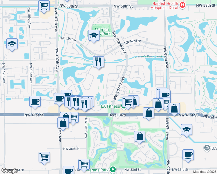 map of restaurants, bars, coffee shops, grocery stores, and more near 10276 Northwest 46th Street in Doral