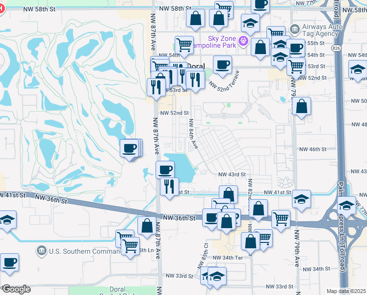 map of restaurants, bars, coffee shops, grocery stores, and more near 4761 Northwest 85th Avenue in Doral