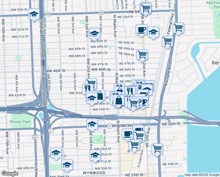 map of restaurants, bars, coffee shops, grocery stores, and more near 32 Northwest 42nd Street in Miami