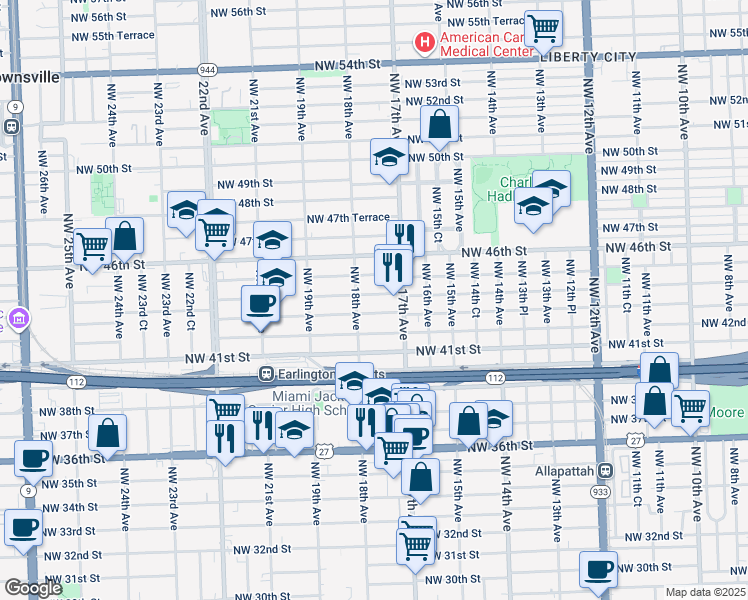 map of restaurants, bars, coffee shops, grocery stores, and more near 4313 Northwest 18th Avenue in Miami