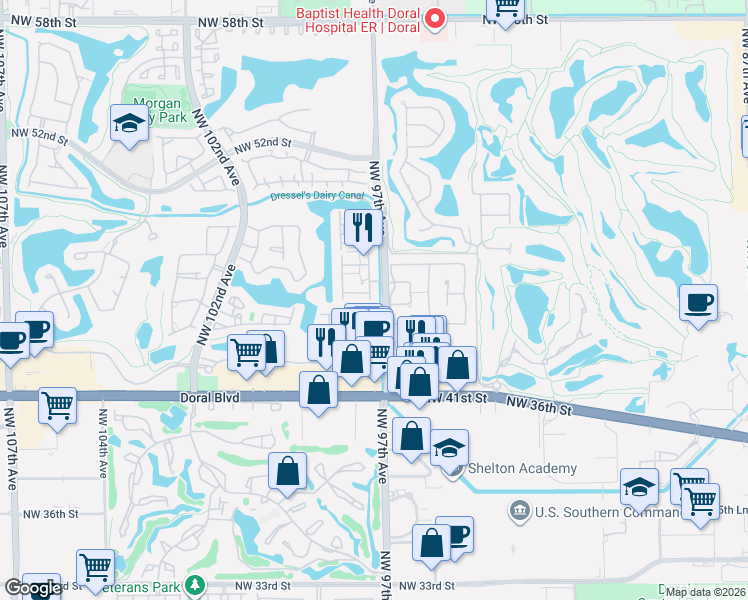 map of restaurants, bars, coffee shops, grocery stores, and more near 9701 Northwest 45th Lane in Doral