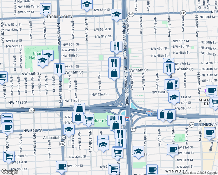 map of restaurants, bars, coffee shops, grocery stores, and more near 780 Northwest 43rd Street in Miami