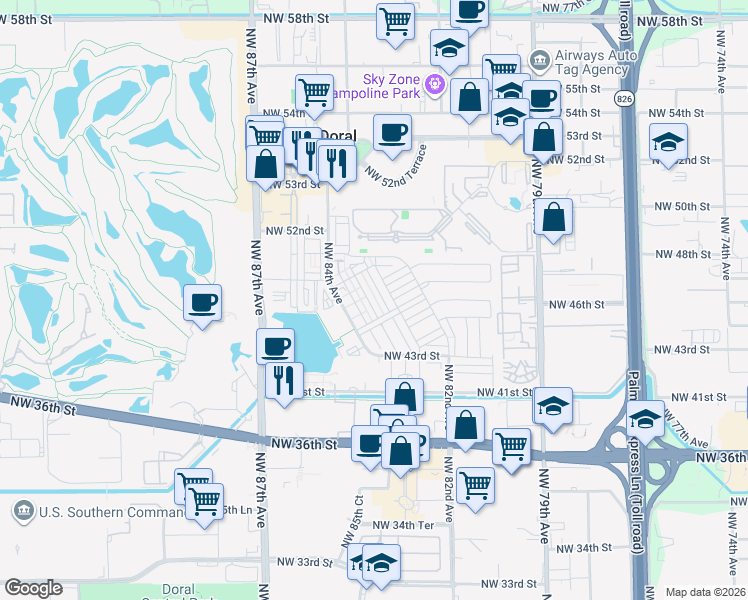 map of restaurants, bars, coffee shops, grocery stores, and more near 4663 Northwest 83rd Path in Doral