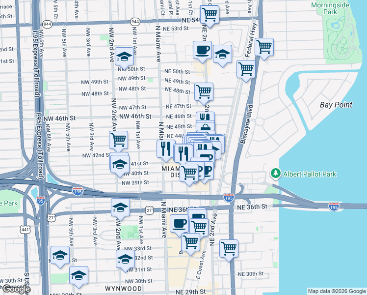 map of restaurants, bars, coffee shops, grocery stores, and more near 4222 Northeast 1st Avenue in Miami