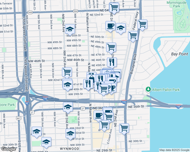 map of restaurants, bars, coffee shops, grocery stores, and more near 49 Northeast 42nd Street in Miami