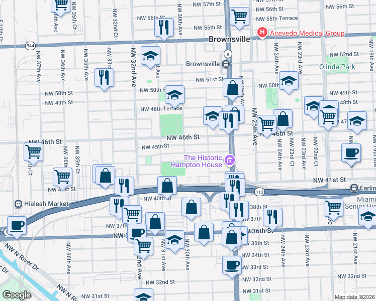 map of restaurants, bars, coffee shops, grocery stores, and more near 2960 Northwest 44th Street in Miami