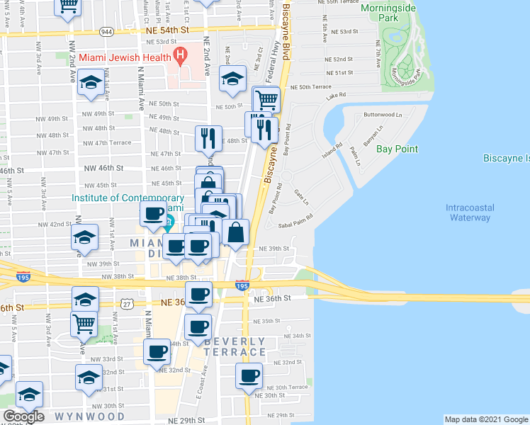 map of restaurants, bars, coffee shops, grocery stores, and more near 4200 Bay Point Road in Miami