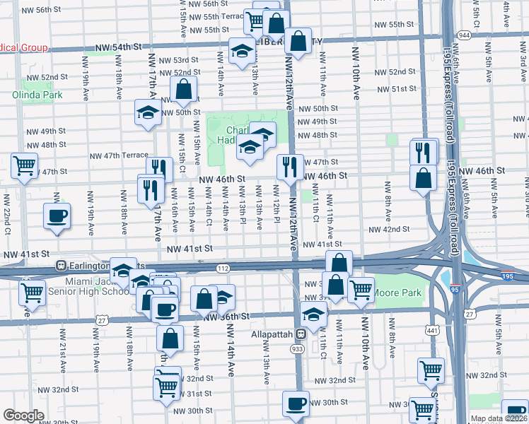 map of restaurants, bars, coffee shops, grocery stores, and more near 1253 Northwest 43rd Street in Miami
