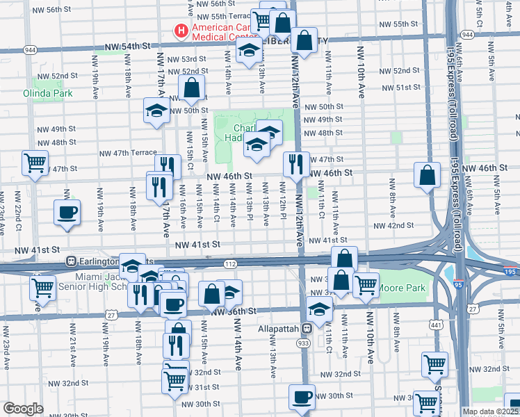 map of restaurants, bars, coffee shops, grocery stores, and more near 1327 Northwest 43rd Street in Miami
