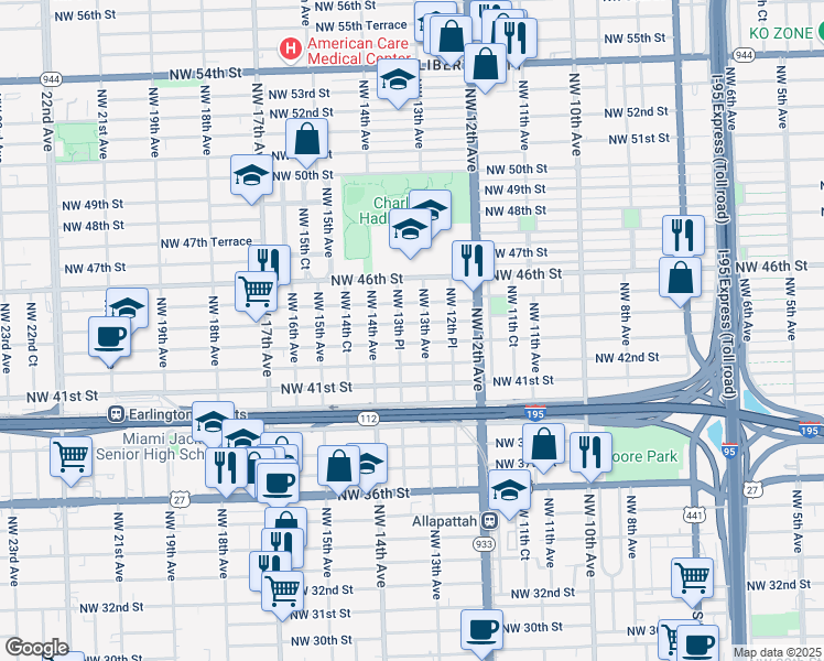 map of restaurants, bars, coffee shops, grocery stores, and more near 1327 Northwest 43rd Street in Miami