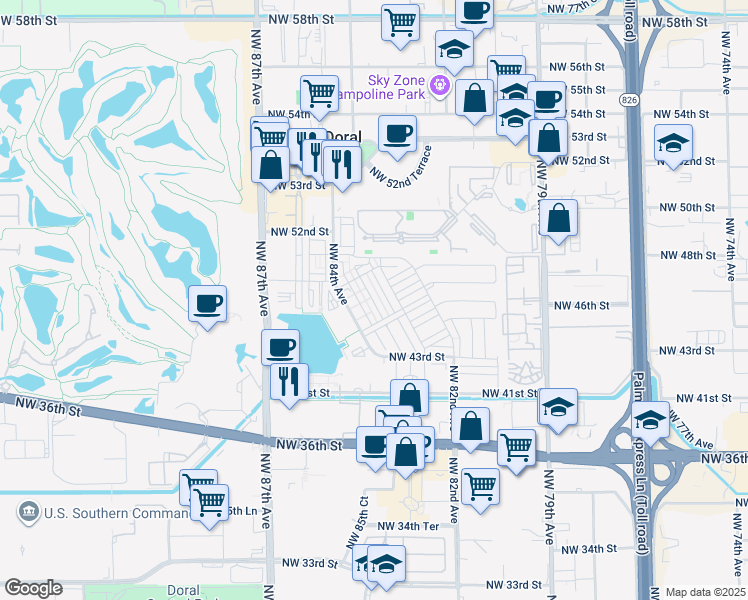 map of restaurants, bars, coffee shops, grocery stores, and more near 4663 Northwest 83rd Path in Doral