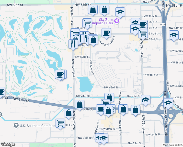 map of restaurants, bars, coffee shops, grocery stores, and more near 4696 Northwest 84th Avenue in Doral