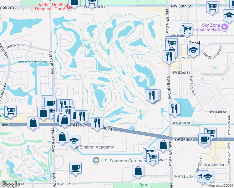 map of restaurants, bars, coffee shops, grocery stores, and more near 4561 Northwest 93rd Doral Court in Doral