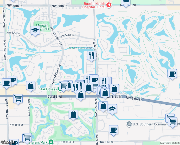 map of restaurants, bars, coffee shops, grocery stores, and more near 9762 Northwest 46th Terrace in Doral