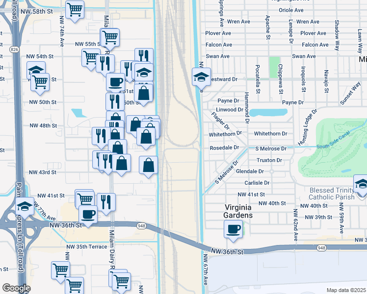 map of restaurants, bars, coffee shops, grocery stores, and more near Northwest Rosedale Drive in Miami