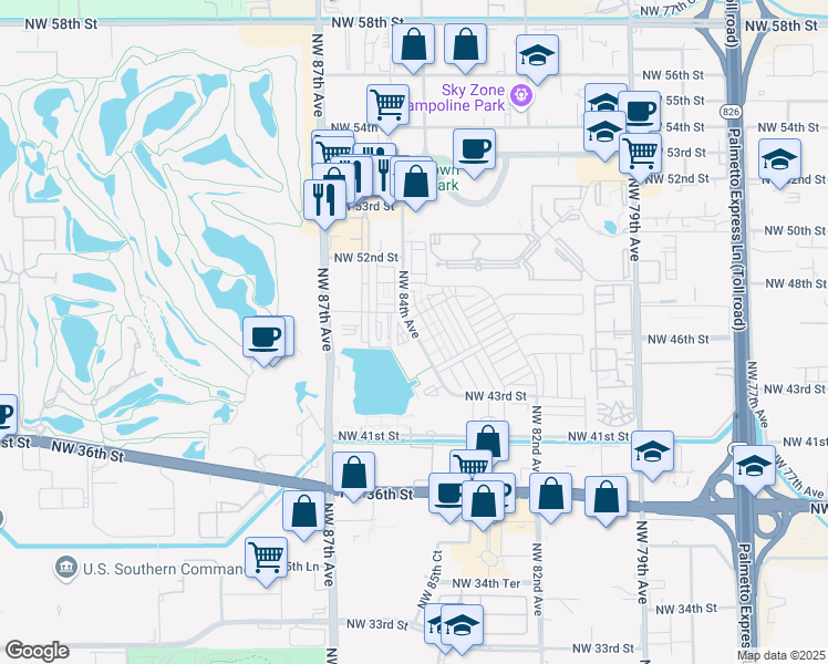 map of restaurants, bars, coffee shops, grocery stores, and more near 4696 Northwest 84th Avenue in Doral