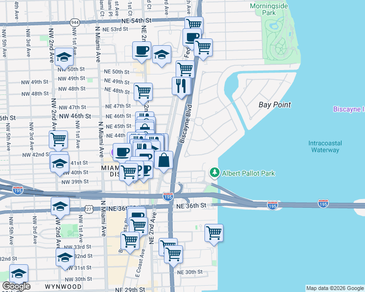 map of restaurants, bars, coffee shops, grocery stores, and more near 4200 Bay Point Road in Miami