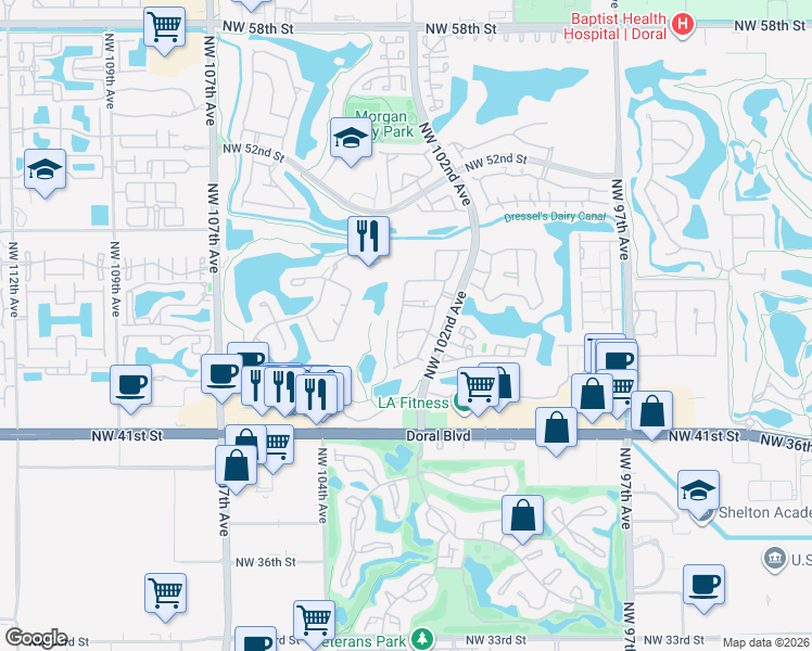 map of restaurants, bars, coffee shops, grocery stores, and more near 10276 Northwest 46th Street in Doral