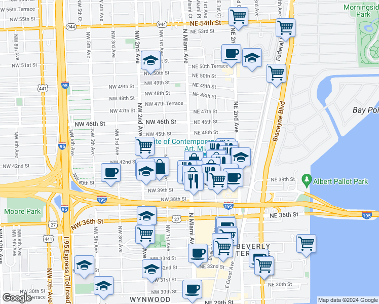 map of restaurants, bars, coffee shops, grocery stores, and more near 4298 N Miami Ave in Miami