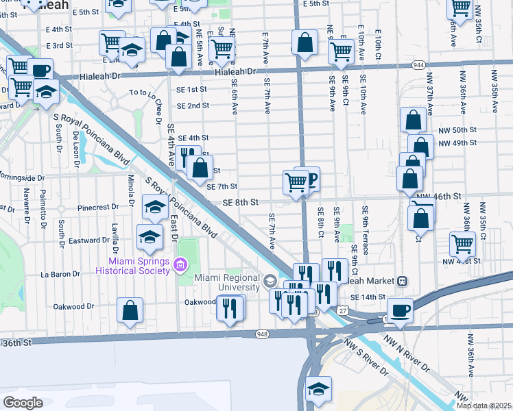 map of restaurants, bars, coffee shops, grocery stores, and more near 630 Southeast 8th Place in Hialeah