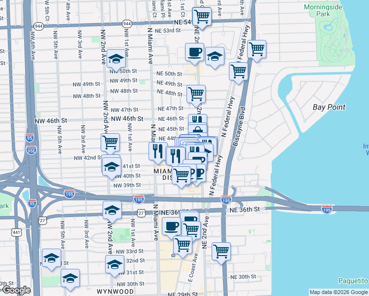 map of restaurants, bars, coffee shops, grocery stores, and more near 111 Northeast 42nd Street in Miami