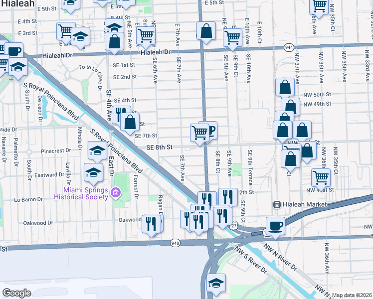 map of restaurants, bars, coffee shops, grocery stores, and more near 711 Southeast 8th Place in Hialeah