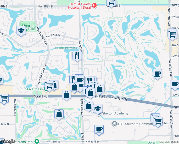 map of restaurants, bars, coffee shops, grocery stores, and more near 9600 Northwest 45th Lane in Doral