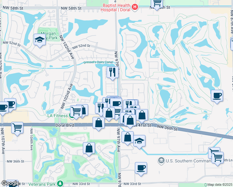 map of restaurants, bars, coffee shops, grocery stores, and more near 9701 Northwest 45th Lane in Doral