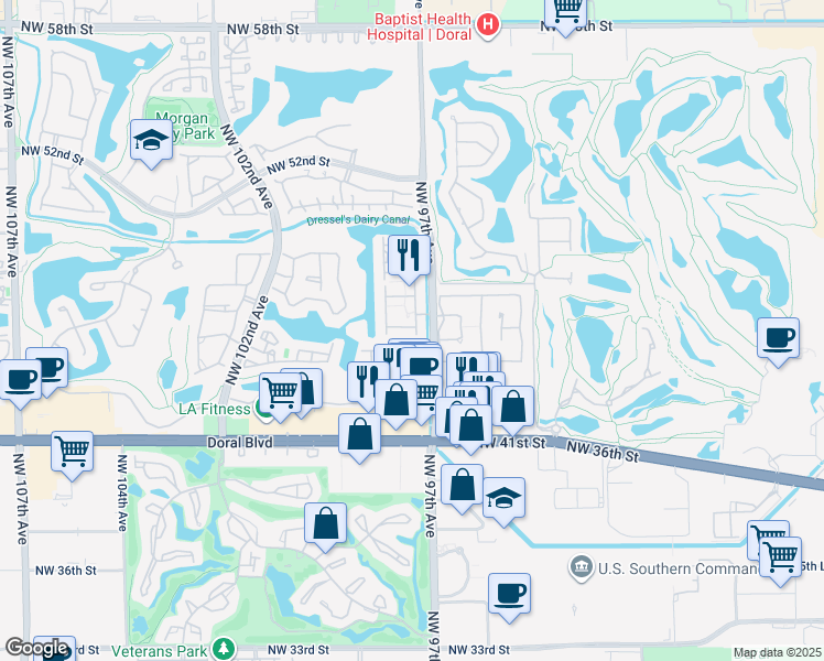 map of restaurants, bars, coffee shops, grocery stores, and more near 9701 Northwest 45th Lane in Doral