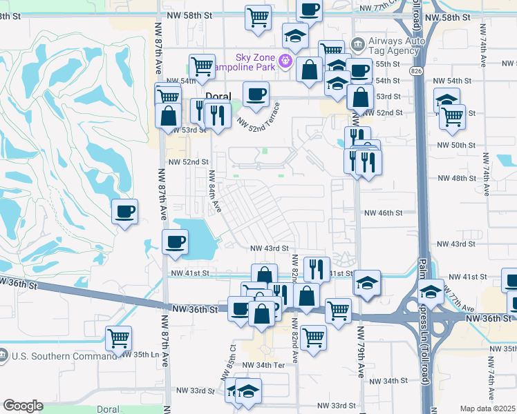 map of restaurants, bars, coffee shops, grocery stores, and more near 8252 Northwest 46th Terrace in Doral