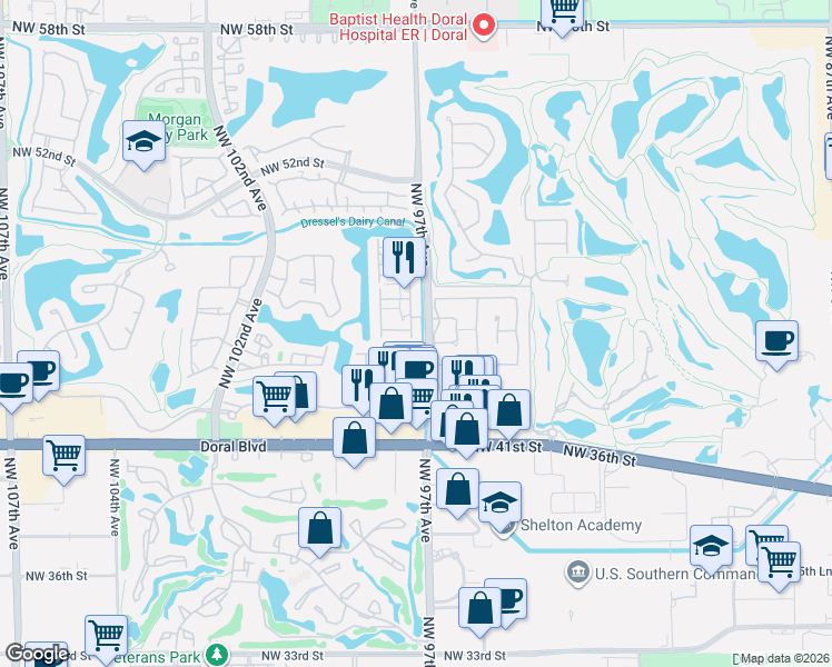 map of restaurants, bars, coffee shops, grocery stores, and more near 9701 Northwest 45th Lane in Doral