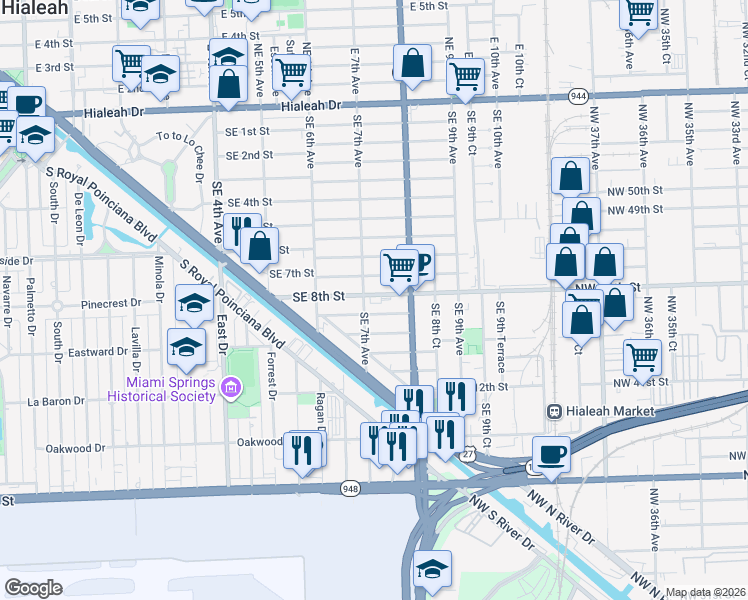 map of restaurants, bars, coffee shops, grocery stores, and more near 711 Southeast 8th Place in Hialeah