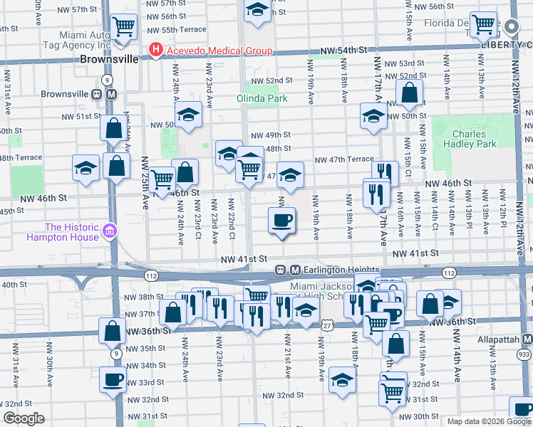 map of restaurants, bars, coffee shops, grocery stores, and more near 2100 Northwest 44th Street in Miami