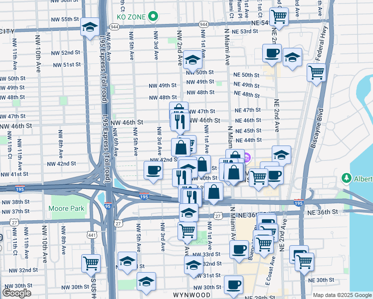 map of restaurants, bars, coffee shops, grocery stores, and more near 169 Northwest 42nd Street in Miami