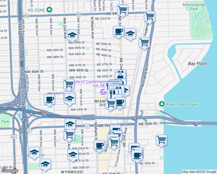 map of restaurants, bars, coffee shops, grocery stores, and more near Northeast 43rd Street in Miami