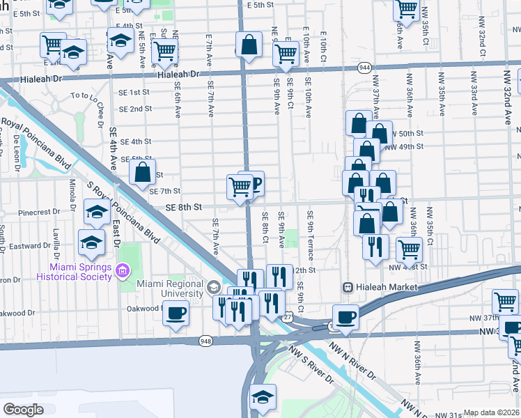 map of restaurants, bars, coffee shops, grocery stores, and more near 839 Southeast 8th Court in Hialeah