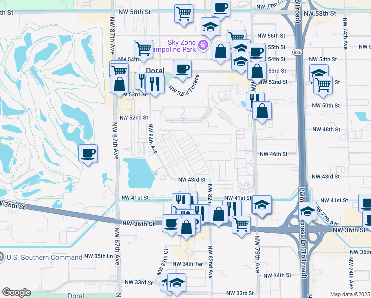 map of restaurants, bars, coffee shops, grocery stores, and more near 8252 Northwest 46th Terrace in Doral